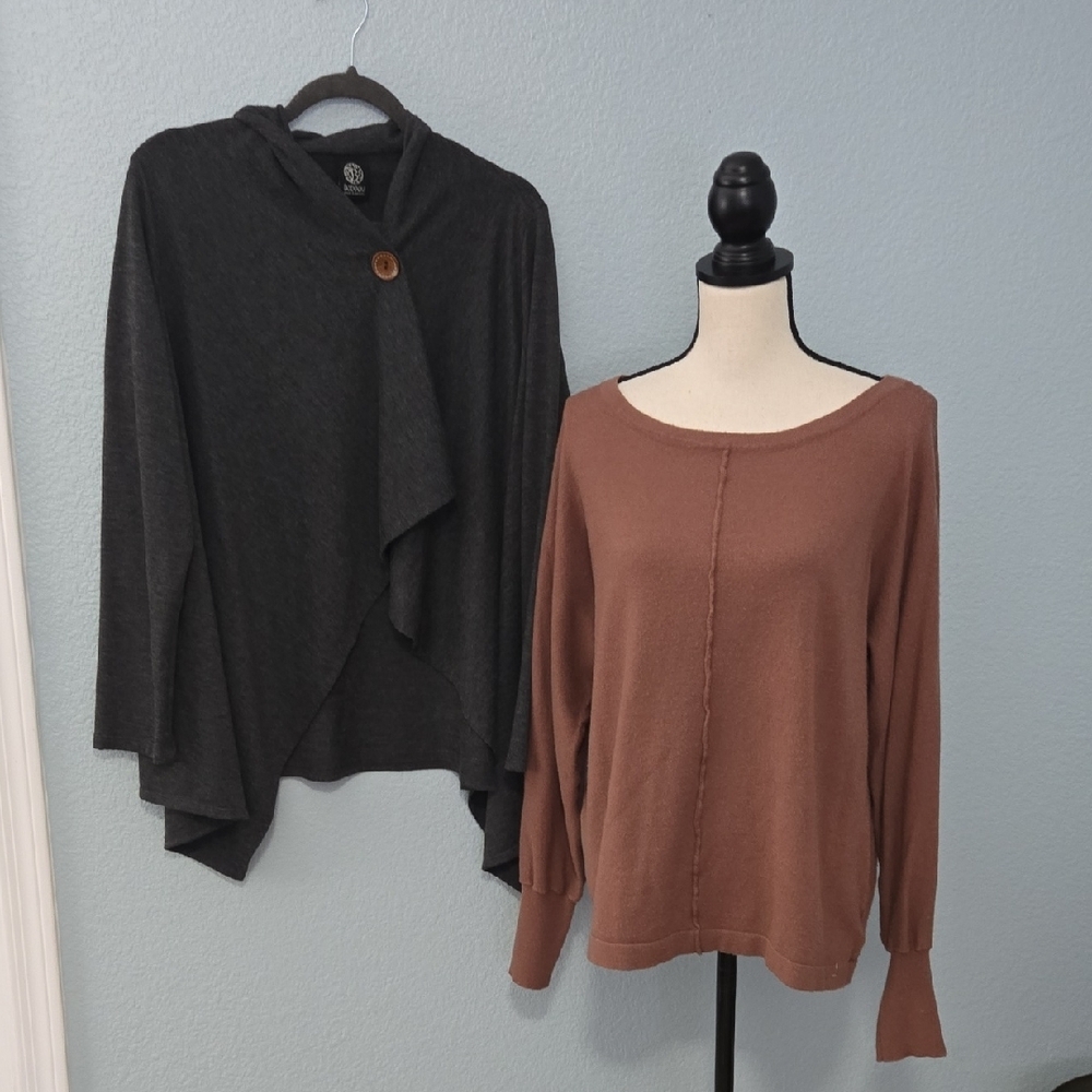 BOBEAU Two Sweaters Sz XL Brown Scoop Neck Pullover, Charcoal Cardigan To Wrap